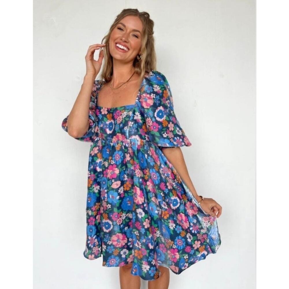 Storia Blue Floral Babydoll Mini Dress Puff Sleeves Retro Shimmer Women's S